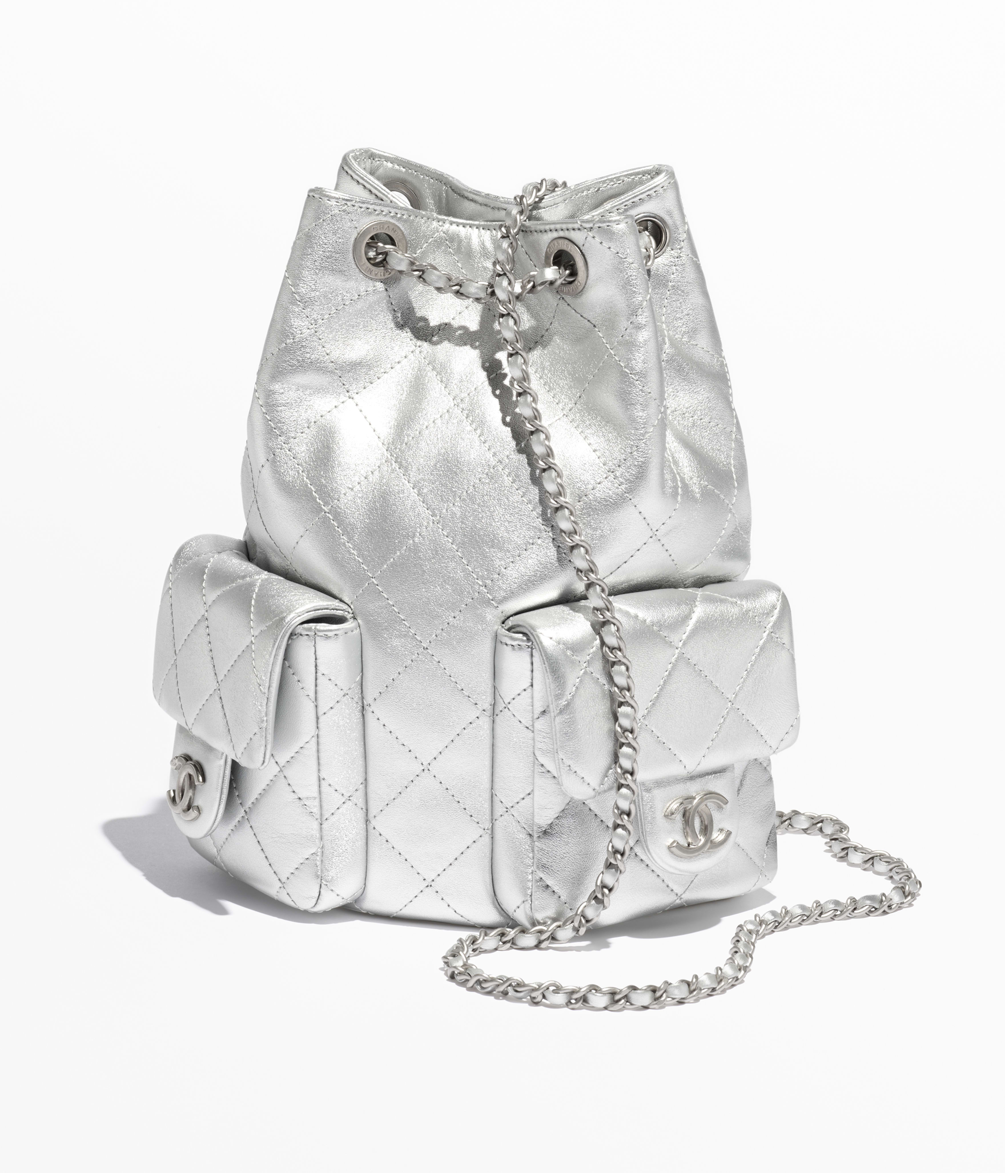 Mochila - Plateado - Piel de cordero metalizada y metal plateado - 
